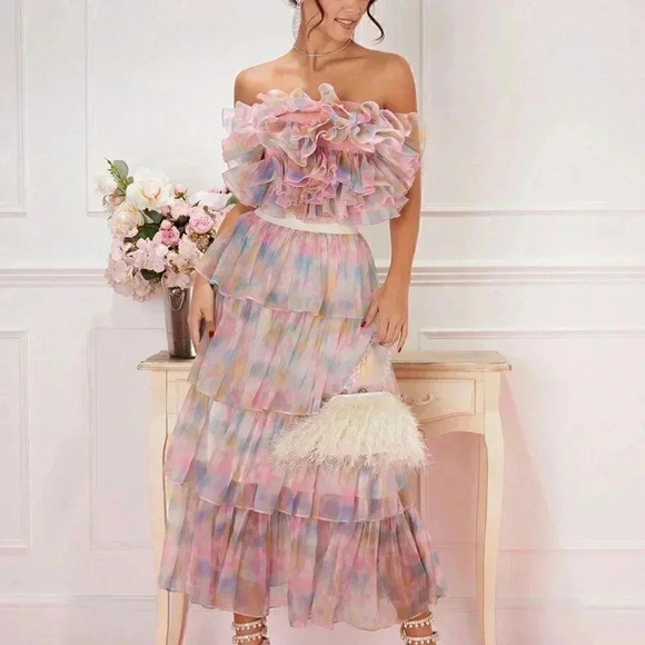 Pink PreppyWomens Summer Blurred Floral Layered Ruffle Top - Picture 1 of 5